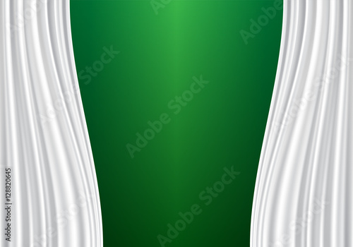 White curtain fabric on blank green wall vector illustration.
