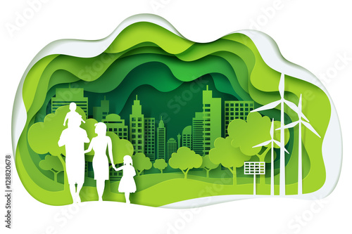 Paper carve to family and park on green town shape