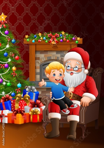 Santa Claus sitting with a little cute boy over Christmas background