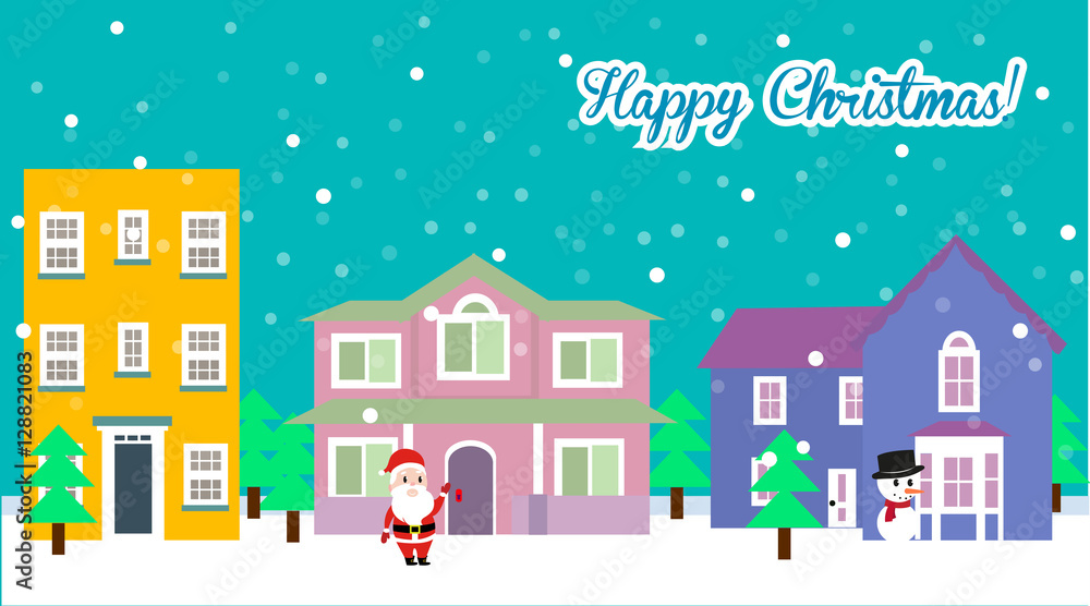 Christmas houses vector, with details,  snowfall background.