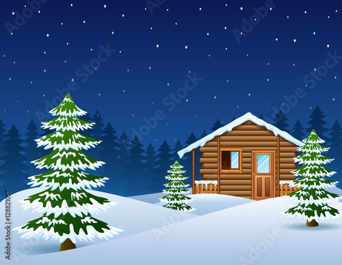 Christmas wooden house with fir trees