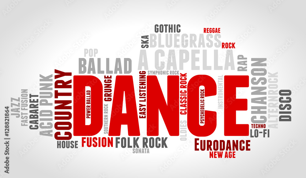 Fototapeta premium Dance. Word cloud, type font, gradient grey background. Music concept.