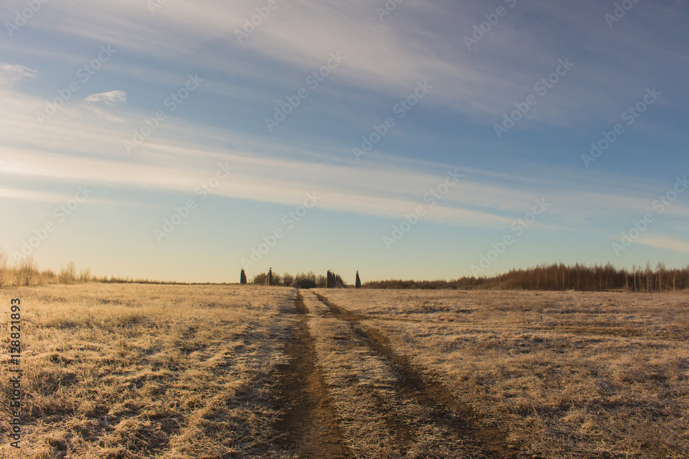 Rural landscape. Beautiful winter over snowy field
