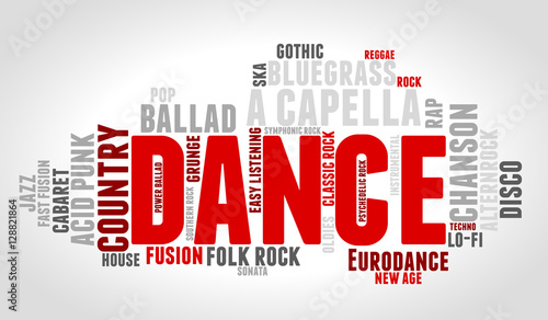 Dance. Word cloud, type font, gradient grey background. Music concept.