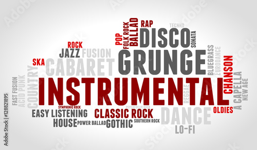 Instrumental. Word cloud, type font, gradient grey background. Music concept.