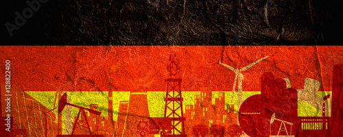 Energy and Power icons set. Header banner with Germany flag. Sustainable energy generation and heavy industry. Concrete textured