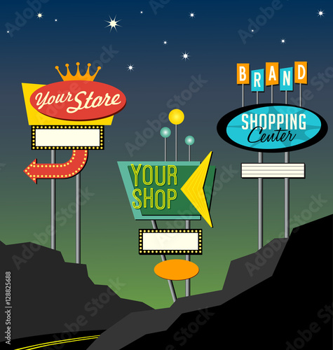 set of retro lighted roadside signs. Edit for your design.