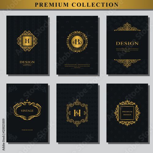 Set of gold emblems. Collection of design elements, labels, icon, frames, for packaging, design of luxury products. Logo design for business cards, brochures, booklets, flyers. Vector illustration