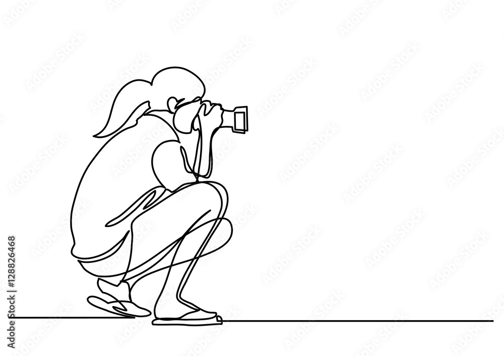 continuous line drawing of woman making photos with camera