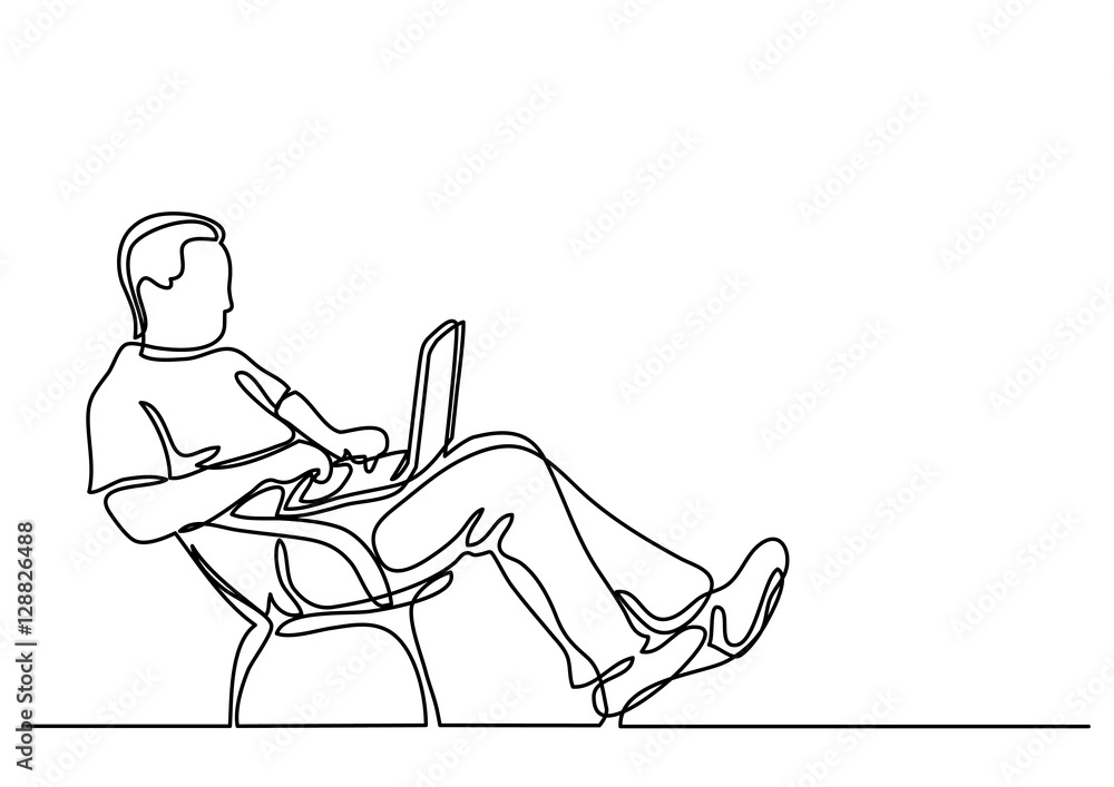 continuous line drawing of man sitting working on laptop compute