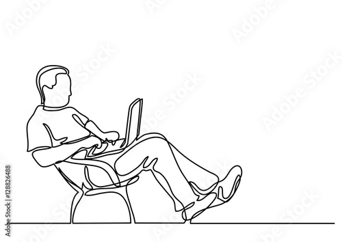 continuous line drawing of man sitting working on laptop compute