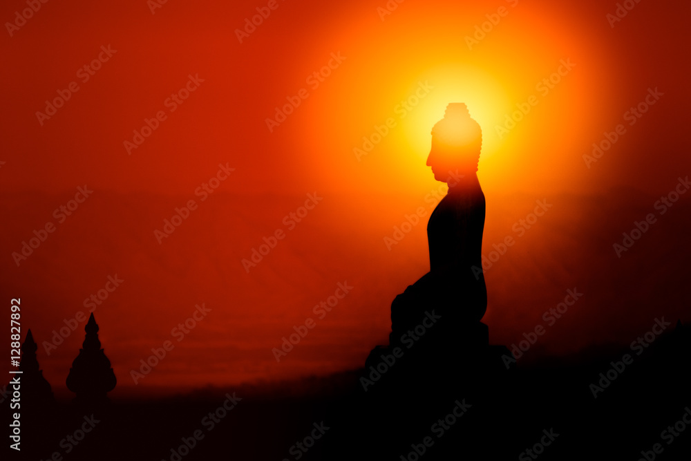 Silhouette of Buddha, Buddhist shadow with wisdom enlighten light spread.