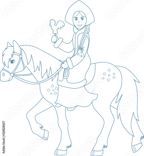Snow Maiden with candy cock in hand riding on a horse. Coloring page
