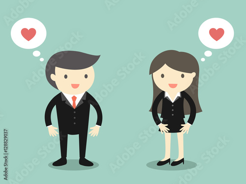 Business concept, Love in office. Businessman and business woman feeling love each other. Vector illustration.