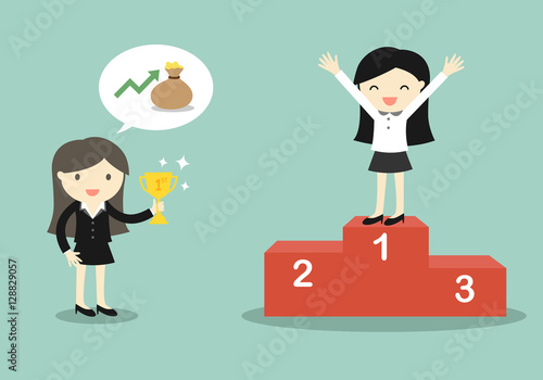 Business concept, Boss give a trophy to business woman. Vector illustration.