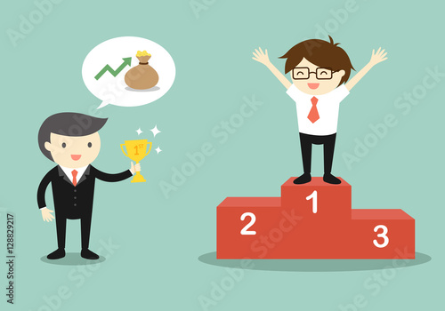 Business concept, Boss give a trophy to businessman. Vector illustration.