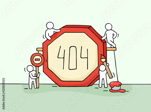 Sketch of working little people with error sign.