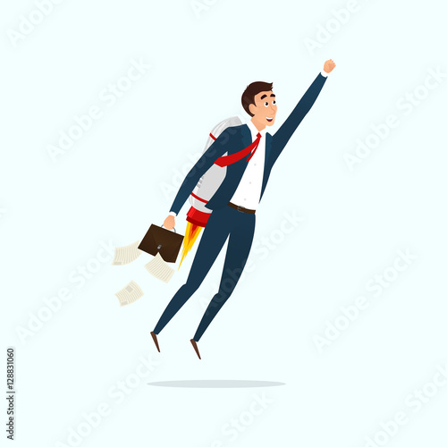 Successful businessman takes off on a rocket. Business concept of start up with person on the fly to the success. vector illustration.