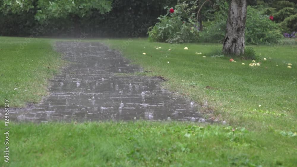 Heavy rain water drops falling on garden stone pavement and splashing ...