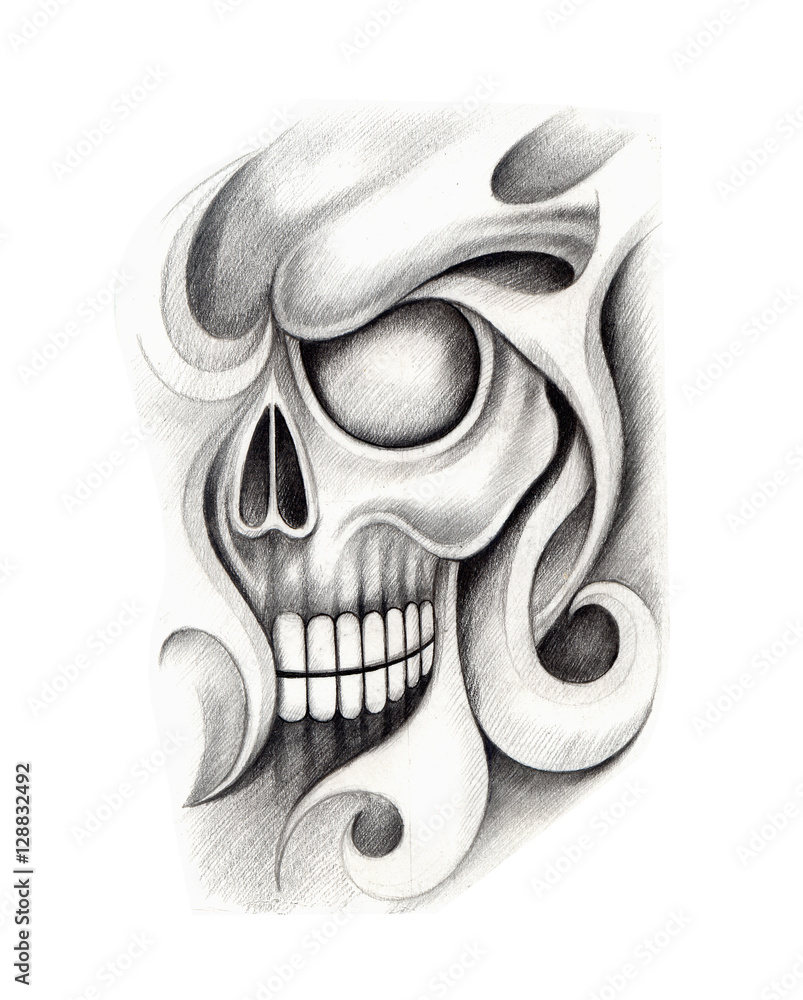 Art design skull head mix graphic tribal tattoo hand pencil ...