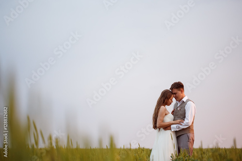 Beautiful wedding couple posing at the nature