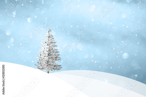 Beautiful winter season landscape with lovely snowy Christmas decoration tree background. Christmas and New Year holiday greeting card illustration with place for text.