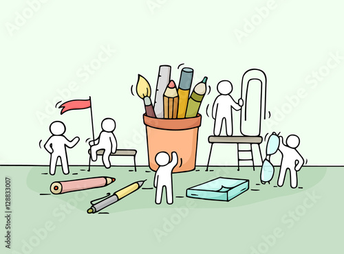 Sketch of working little people with office supplies.