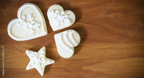 Christmas gingerbread cookies on wooden table with copy space ,