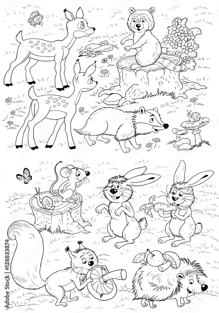 Coloring page with cute and funny woodland animals