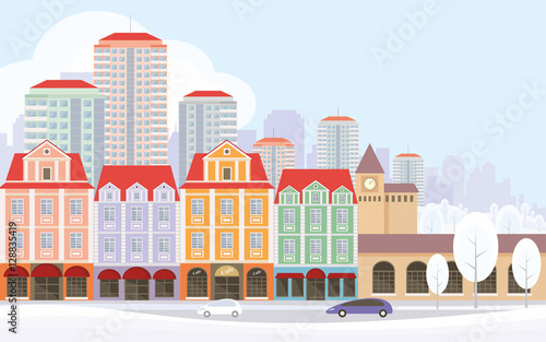 Fototapeta Naklejka Na Ścianę i Meble -  The image of a winter city. Snow-covered streets with small old houses and high-rise buildings in the background. Vector illustration
