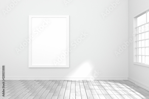 3D rendering   illustration of white poster hanging on the wall in empty room.space for your text and picture.product display template.white wall and wooden floor.light shining from outside.