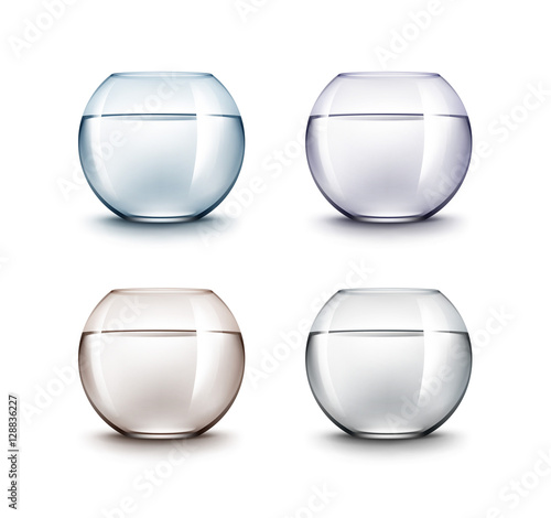 Vector Set of Black Violet Blue Brown Transparent Glass Fishbowls Aquariums with Water without Fish on White Background