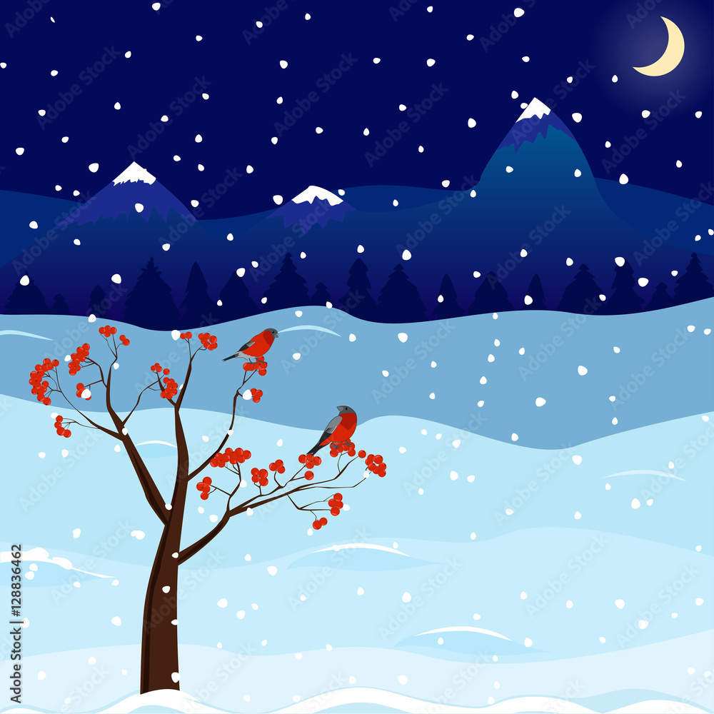 Fototapeta premium Nature of winter with rowan and bullfinch