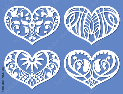 Lacy hearts, laser cutting fretwork shapes, plotter cutout love vector symbols
