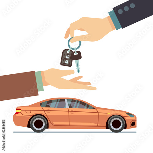 Car seller hand giving key to buyer. Buying or renting business vector concept