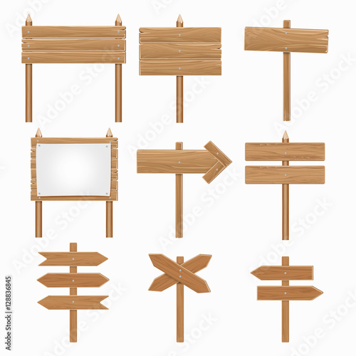 Wooden signboards, wood arrow sign vector set