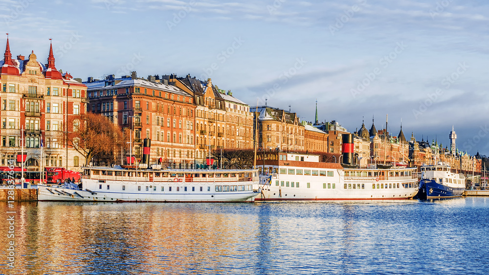 quay with ships in Stockholm