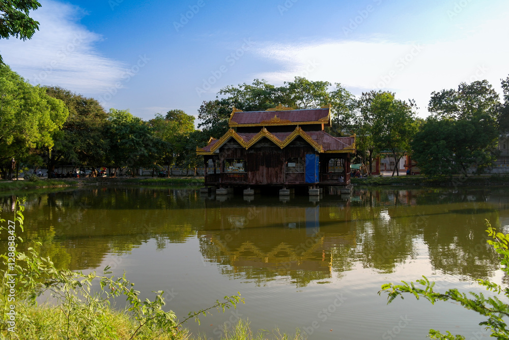 View to Gazebo along pond in Mandalay, Myanmar View to Gazebo along pond in Mandalay, Myanmar