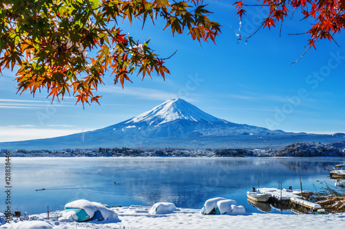 Photography Mt. Fuji and autumn foliage at Lake Kawaguchi.Mt. Fuji and autum