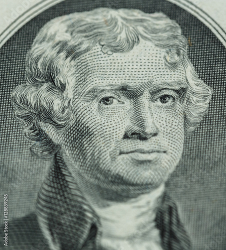 President Thomas Jefferson face on us two dollar bill closeup ma