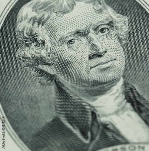 President Thomas Jefferson face on us two dollar bill closeup ma