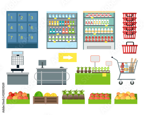 Set of Supermarket Furniture and Equipment Vector.