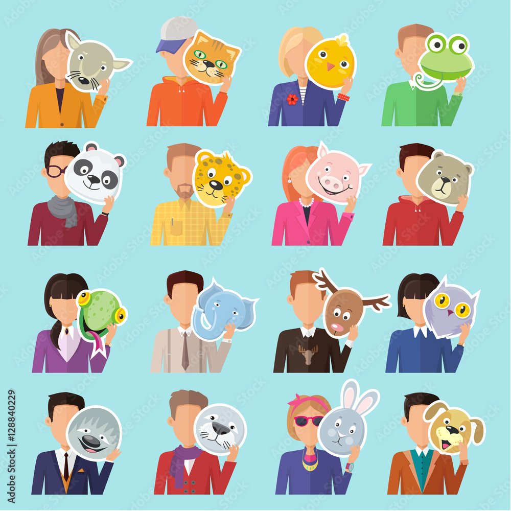 Set of People with Animal Masks Flat Design Vector Set of People with Animal Masks Flat Design Vector