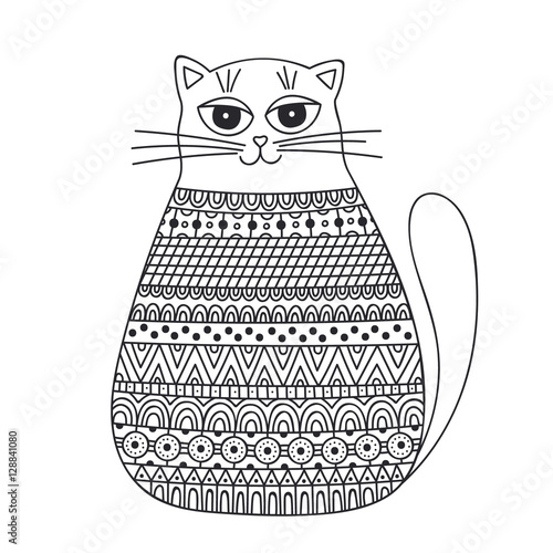 Doodle cat. Vector hand drawn doodle cat with ethnic ornament. Cute smiling animal for anti stress coloring page. Sitting cat. Isolated. Black and white illustration. Outline.