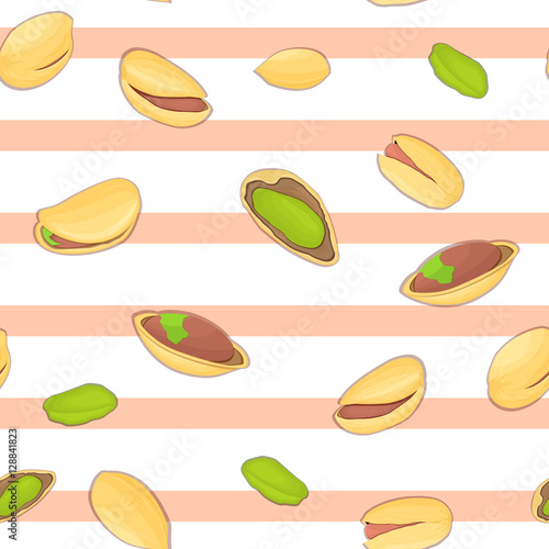 Seamless vector pattern of pistachios nut. Striped background with delicious pistacia nuts, leaves. Illustration can be used for printing on fabric, textile in design packaging, packaging design