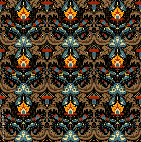 Wallpaper Mural Gorgeous flower pattern vector image with small details ornament. Black background. Red, yellow, sea blue flowers with brown leafs for linens and home textile design. Dark blue, dark red  art work. Torontodigital.ca