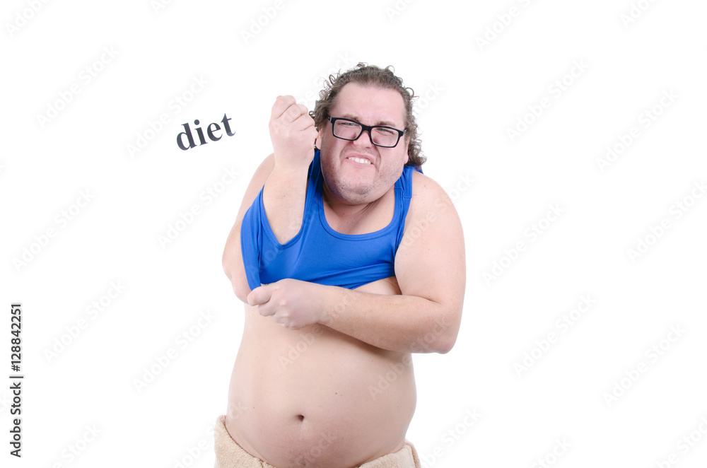 Diet and fat man in a small T-shirt. Diet and fat man in a small T-shirt.
