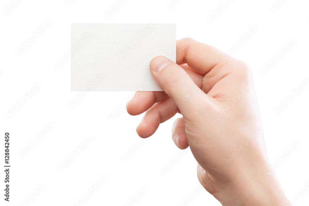 Fototapeta premium hand holding white business card at isolated background mockup