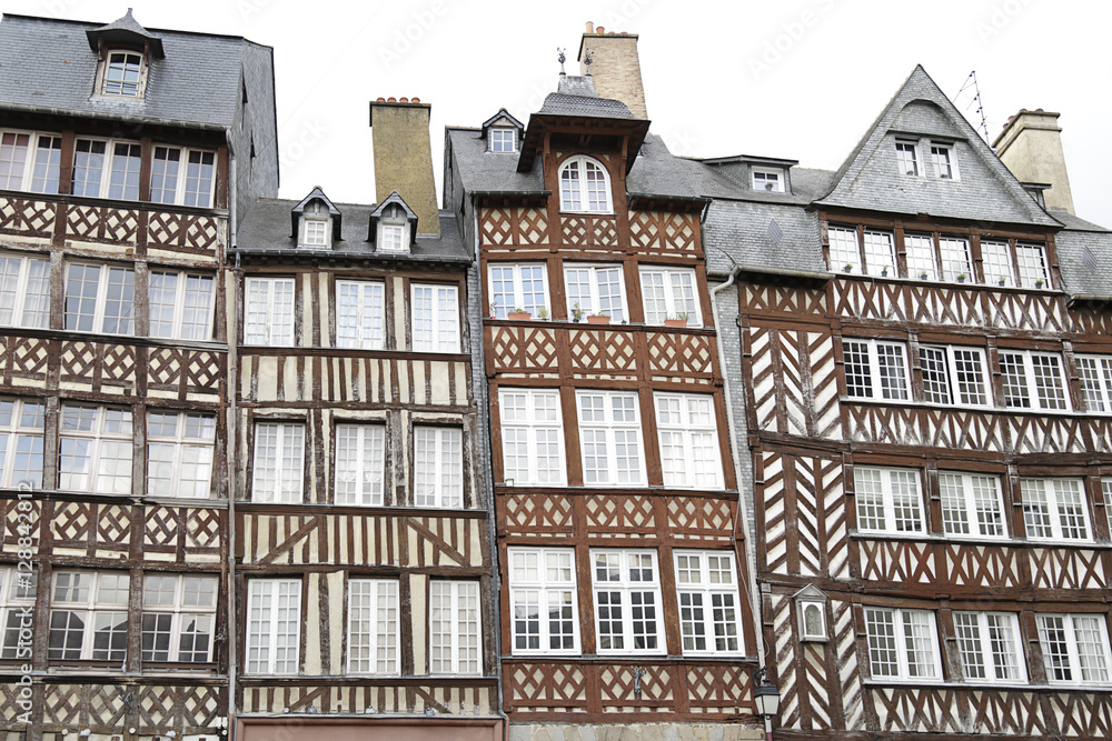 Facades of traditional half-timbered houses located in Rennes