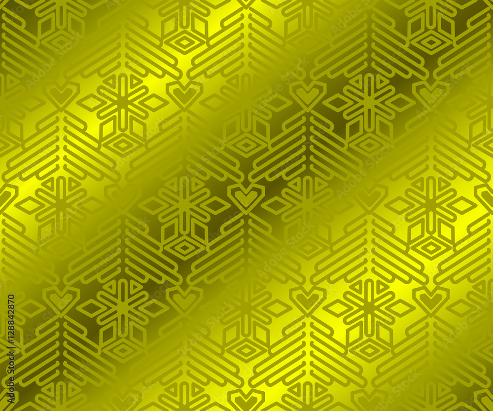 Christmas abstract seamless pattern with fir-tree and star. Yellow pattern on the wrapping paper.